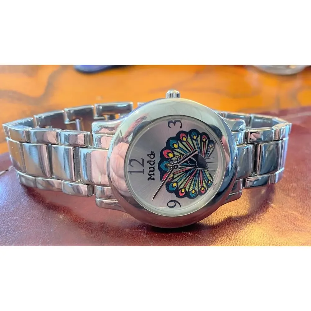 Women's 33mm Silver Tone Mudd Watch, Peacock Design Face